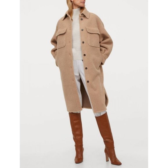 H&M Jackets & Blazers - H&M Long Faux Shearling Shirt Jacket Shacket Teddy Sherpa Coat in Beige